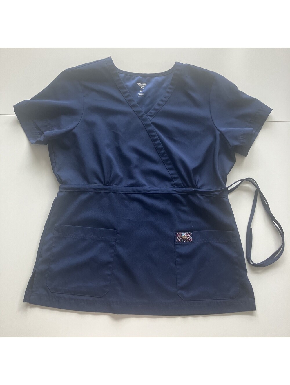 Y2K Blue Side Tie V Neck Scrub Top Faux Wrap Sz M 90s Kitschy Nursecore